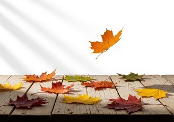 Autumn maple leaves on wooden surface fall season natural decor warm vibrant colors serene outdoor atmosphere