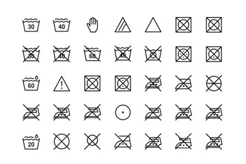Vector set of laundry washing care symbols and icons for fabrics including temperature limits, drying, bleaching, ironing, and professional cleaning instructions, minimalist design