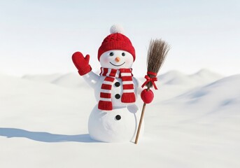 Winter Snowman Happy Face Red Scarf Hat Mittens Smiling Waving Hand Isolated Bright Sunny Day White Snow