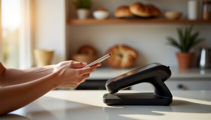 Tap to pay smartphone near POS terminal on wooden counter. Contactless transaction in bright bakery interior. Secure payment and modern retail checkout.