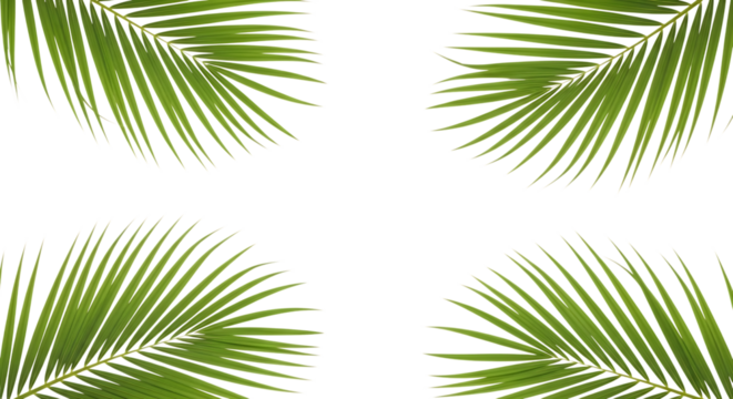 Four green palm fronds arranged in a square isolated on transparent background