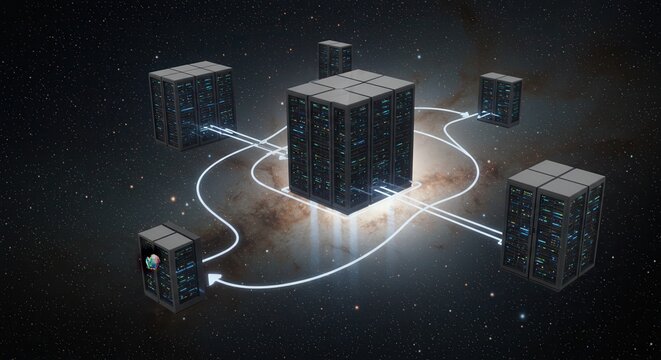 Secure cloud data servers connecting with lightning speed in a vast galaxy, perfect for your next tech presentation or innovative website design needing that modern look