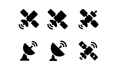 Satellite and antenna icons: simple black silhouette set for communication design