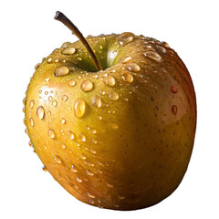 Golden Yellow Delicious Apple with Water Droplets transparent background.