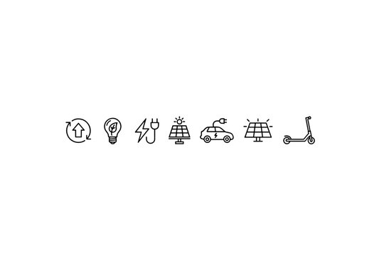 Renewable energy icons set with solar panels, electric car charging, eco light bulb, energy recycling, electric scooter, sustainable power and green technology symbols