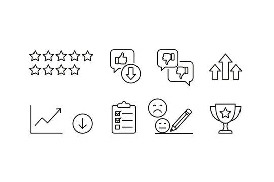 Business feedback and review icons set. Star ratings, thumbs up and down, growth arrows, checklist, mood faces, performance graph, trophy symbol for success and evaluation concept