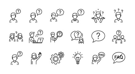 Set of vector line icons with question mark symbols, confused people, FAQ sign, thinking and searching concept, problem solving, help and support symbols, user assistance and knowledge base