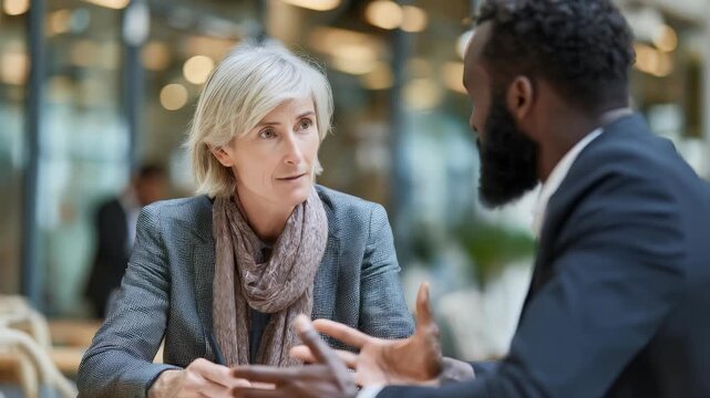 Two diverse business professionals engage in a serious conversation at a modern office, focusing on collaboration and problem solving. Their expressions reflect thoughtful communication and teamwork