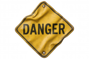 Yellow textured warning sign with danger text, providing caution and risk awareness on transparent background