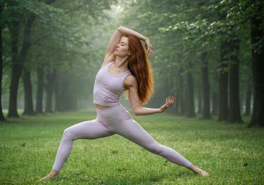 Vibrant redhead woman finds inner peace and strength through a graceful yoga warrior pose amidst the serene beauty of a sun-dappled green forest park