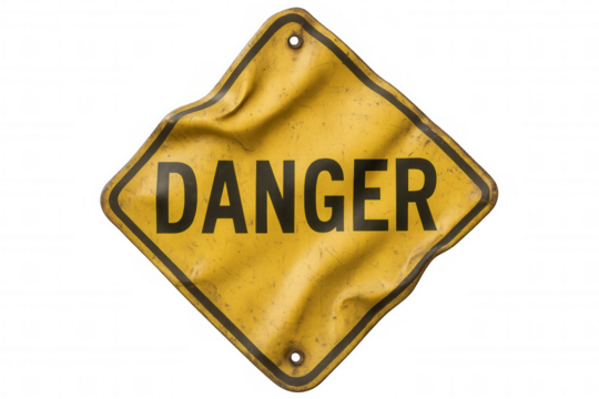 Yellow textured warning sign with danger text, providing caution and risk awareness on transparent background