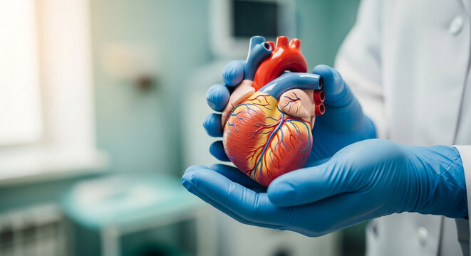 Doctor holding anatomical heart model in blue gloves provides a visual aid for understanding cardiovascular health in a modern medical setting