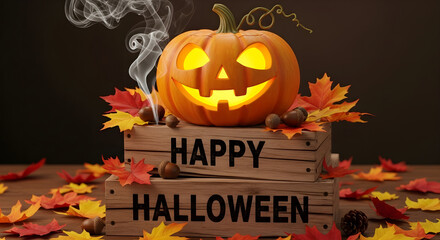 Happy Halloween greeting with a spooky glowing Jack o lantern pumpkin on a wooden crate surrounded by autumn leaves.