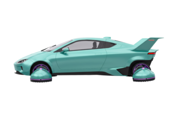 Futuristic turquoise car with hover wheels isolated on transparent PNG, concept vehicle for future transportation and innovative design