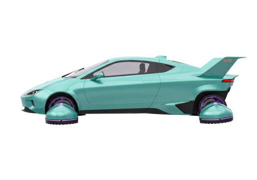 Futuristic turquoise car with hover wheels isolated on transparent PNG, concept vehicle for future transportation and innovative design
