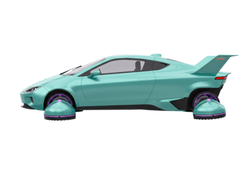 Futuristic turquoise car with hover wheels isolated on transparent PNG, concept vehicle for future transportation and innovative design