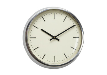 Analog wall clock isolated on white, showing time with hour and minute hands, minimalist design for home decor and timekeeping