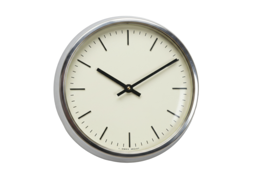 Analog wall clock isolated on white, showing time with hour and minute hands, minimalist design for home decor and timekeeping