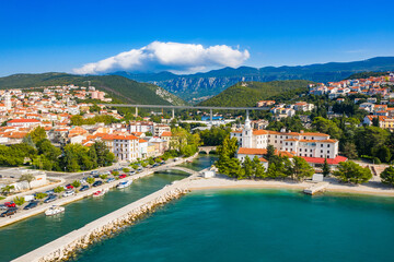 Town of Crikvenica in Kvarner bay in Croatia, aerial waterfront view