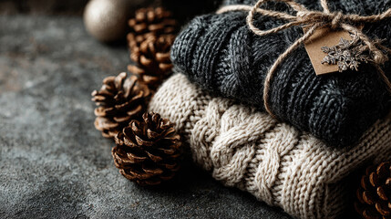 Two warm folded knitted sweaters decorated with christmas ribbon and berries, with pine branches and cone on a sparkling textured surface, creating a cozy winter atmosphere for christmas holidays