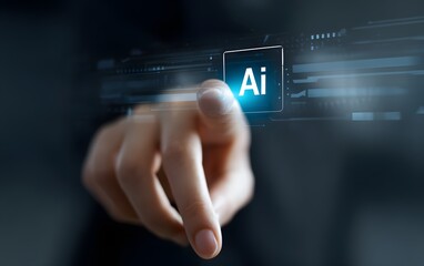 Finger Touching a Glowing Digital 'Ai' (Artificial Intelligence) Icon on a Futuristic Dark Interface with Data Trail: Concept of AI Activation, Machine Learning, and Future Technology

