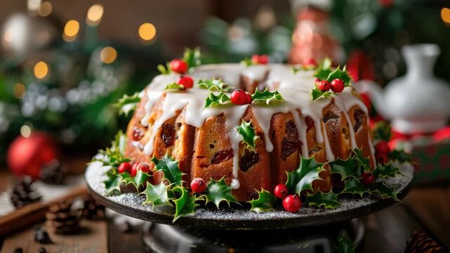Festive fruitcake with icing, holly leaves, and red berries showcased on table holiday decor