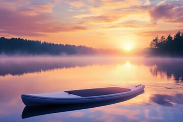 Sunset reflects over calm lake with paddleboard resting on the water