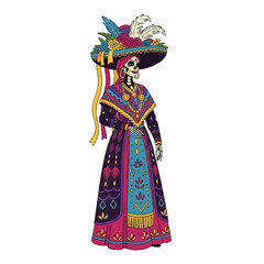 Fototapeta premium A colorful, ornately dressed skeleton wearing a traditional Mexican Day of the Dead costume with a large hat and vibrant dress.