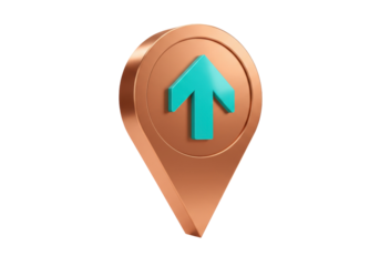Copper location pin with turquoise arrow isolated PNG, 3D map pointer for navigation and direction on transparent background