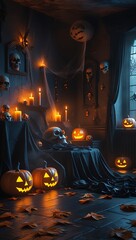 Spooky halloween scene with jack-o-lanterns candles and cobwebs illuminating a dark room