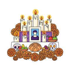 Naklejka premium Illustration of a Day of the Dead altar with candles, offerings, and a framed photo in a vibrant, colorful setting.