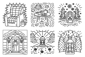 Fototapeta premium Cozy Armchair with Plaid Blanket String Lights Warm Drink Hygge Autumn Winter Comfort Home Decor Line Art Drawing