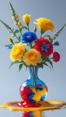 Vibrant mixed flowers in a colorful liquid glass vase displayed on a yellow surface