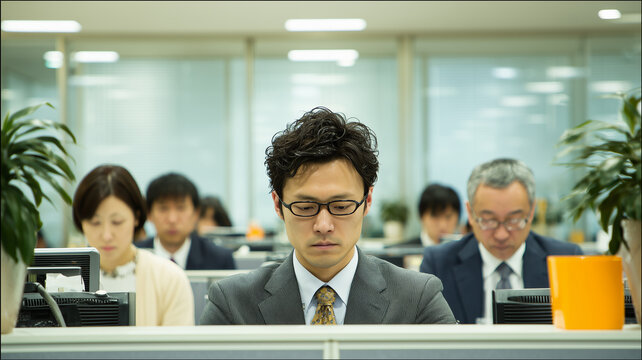 日本人の社員が整然と並ぶデスクで静かに業務へ集中する朝の姿