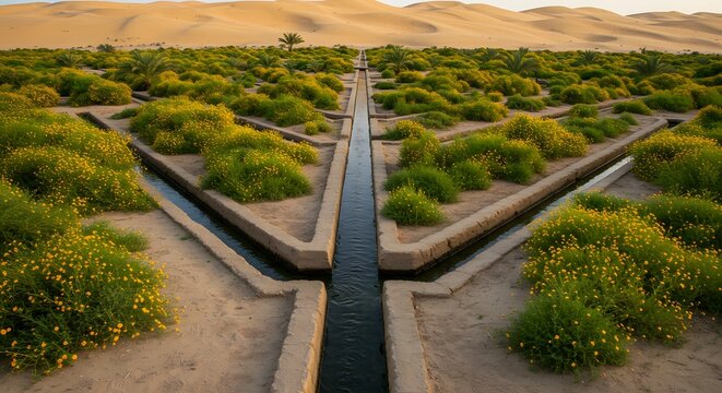 A traditional falaj irrigation system in desert garden