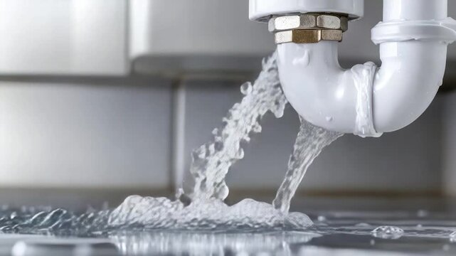 Leaking white PVC drain pipe with water splashing