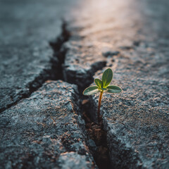 A resilient green seedling growing through a crack in concrete. A powerful symbol of hope, strength, and new life. Perseverance and survival concept