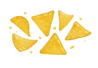 Golden yellow tortilla chips isolated on transparent background, crispy snack food for party and appetizer use, PNG