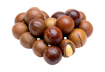 Fototapeta premium Heart-Shaped Macadamia Nuts: Shelled and Unsheled Delights on Black isolated on a transparent background