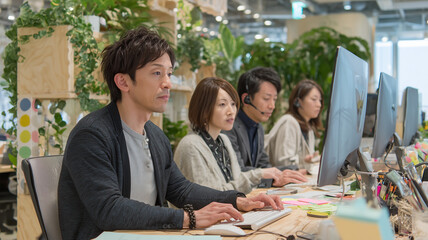 日本人の社員が研修中に同じ方向で画面を見つめ作業手順を学ぶ昼下がり