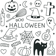Obraz premium Cute Halloween Doodle Set | Hand-Drawn Spooky Clipart with Ghost, Pumpkin, Cat & Witch Hat
