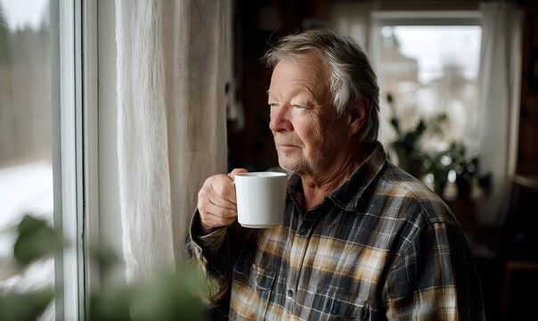 Portrait of an elderly man in a flannel shirt drinking tea beside a window with diffused light - Powered by Adobe