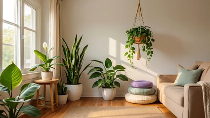 Cozy living room filled with lush green houseplants bathed in soft natural light