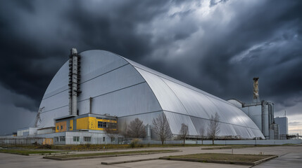 The Chernobyl New Safe Confinement covering reactor 4 under a dramatic stormy sky. Sarcophagus at the nuclear power plant in Pripyat, Ukraine. International Day of Anti-Nuclear Actions concept