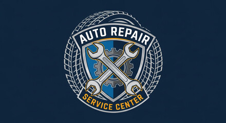 Professional auto repair service center logo featuring crossed wrenches and gear, perfect for automotive businesses seeking a modern, reliable brand identity.