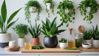 Serene home oasis lush green plants bottles essential oils for relaxation and wellness