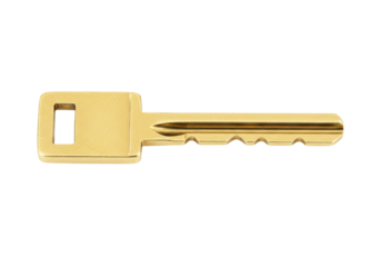 Gold-colored metal key isolated on transparent background, security and access concept for design projects and presentations