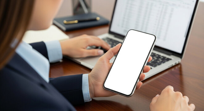 Professional woman in suit uses smartphone and laptop for business tasks on a polished wooden desk, showcasing modern workflow and digital connectivity.