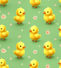 Cute seamless pattern with yellow baby chicks and pink flowers. Easter and spring animal background for kids
