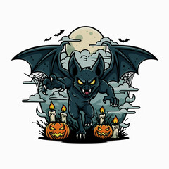 Halloween Creature Gargoyle Bat Amidst Pumpkins, Spiders, and Spooky Scenery